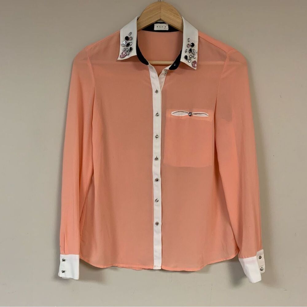 Peach Blouse Women’s Small Gem collar Sheer Button Down Shirt Summer Top Moto
